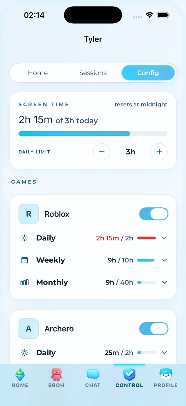 Parent dashboard: controls and configuration