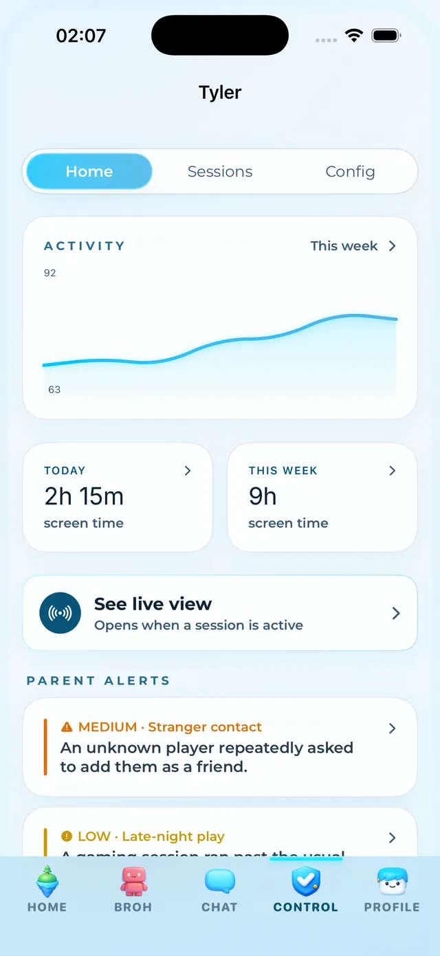 Parent dashboard: your kid's activity, screen time and alerts