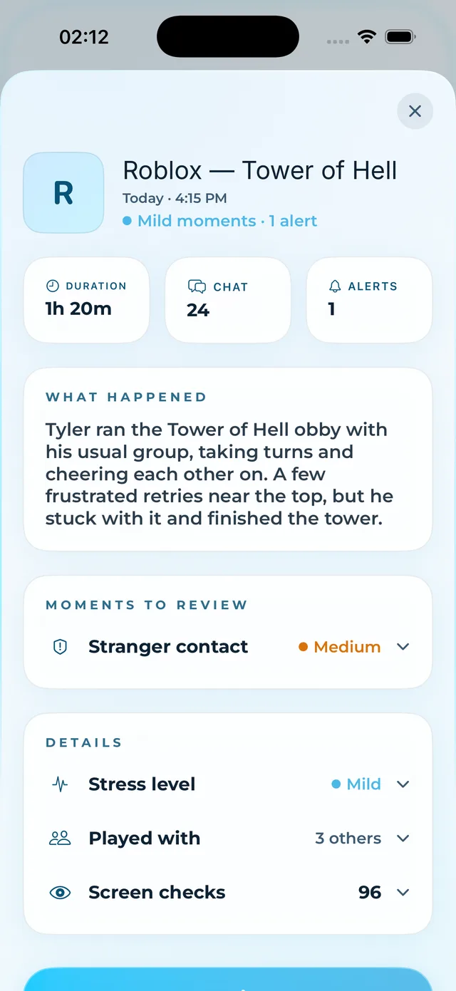 Parent dashboard: live view of an active play session